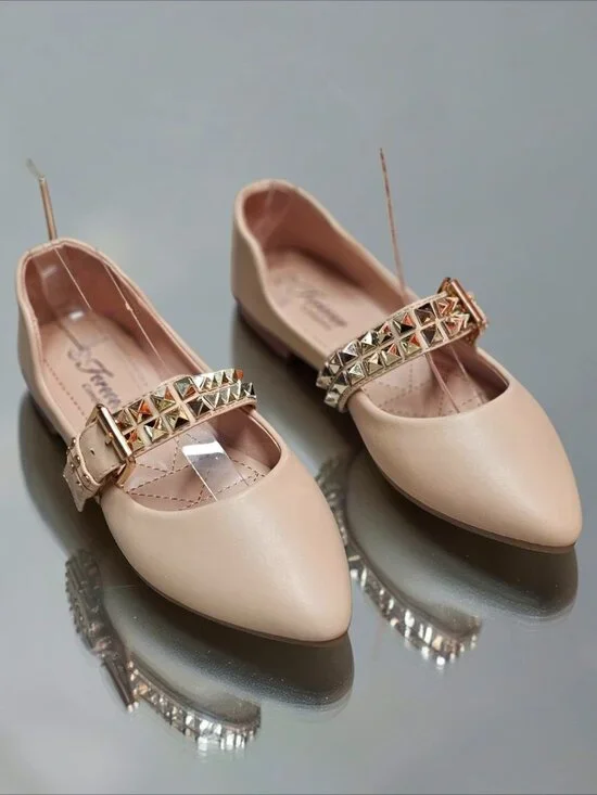 Studded Metallic Strap Beige Pointed-Toe Flats For Girls - Comfortable & Stylish - Picture 9 of 10